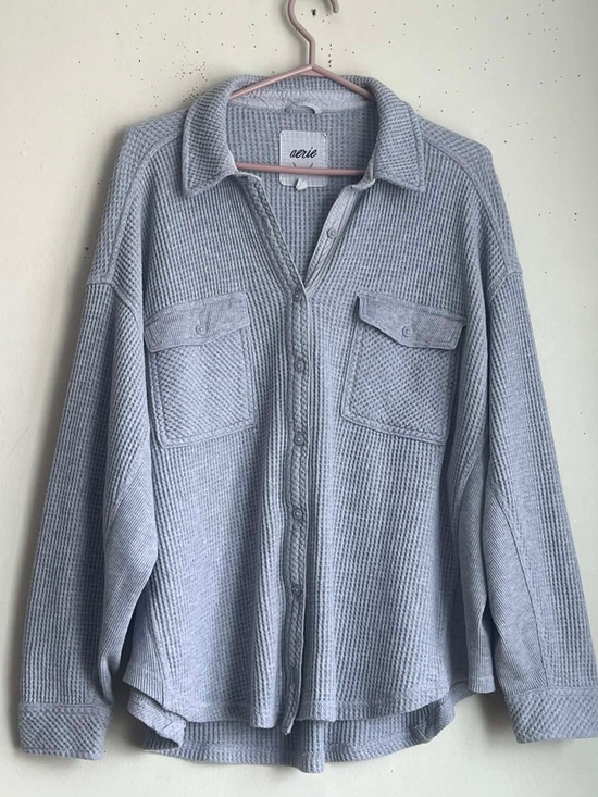 aerie Tops - aerie Light Gray Waffle-Knit Button-Up Shirt Jacket